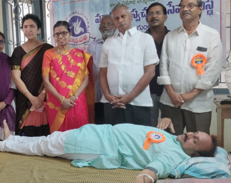 Volunteers participating in a life-saving blood donation camp
